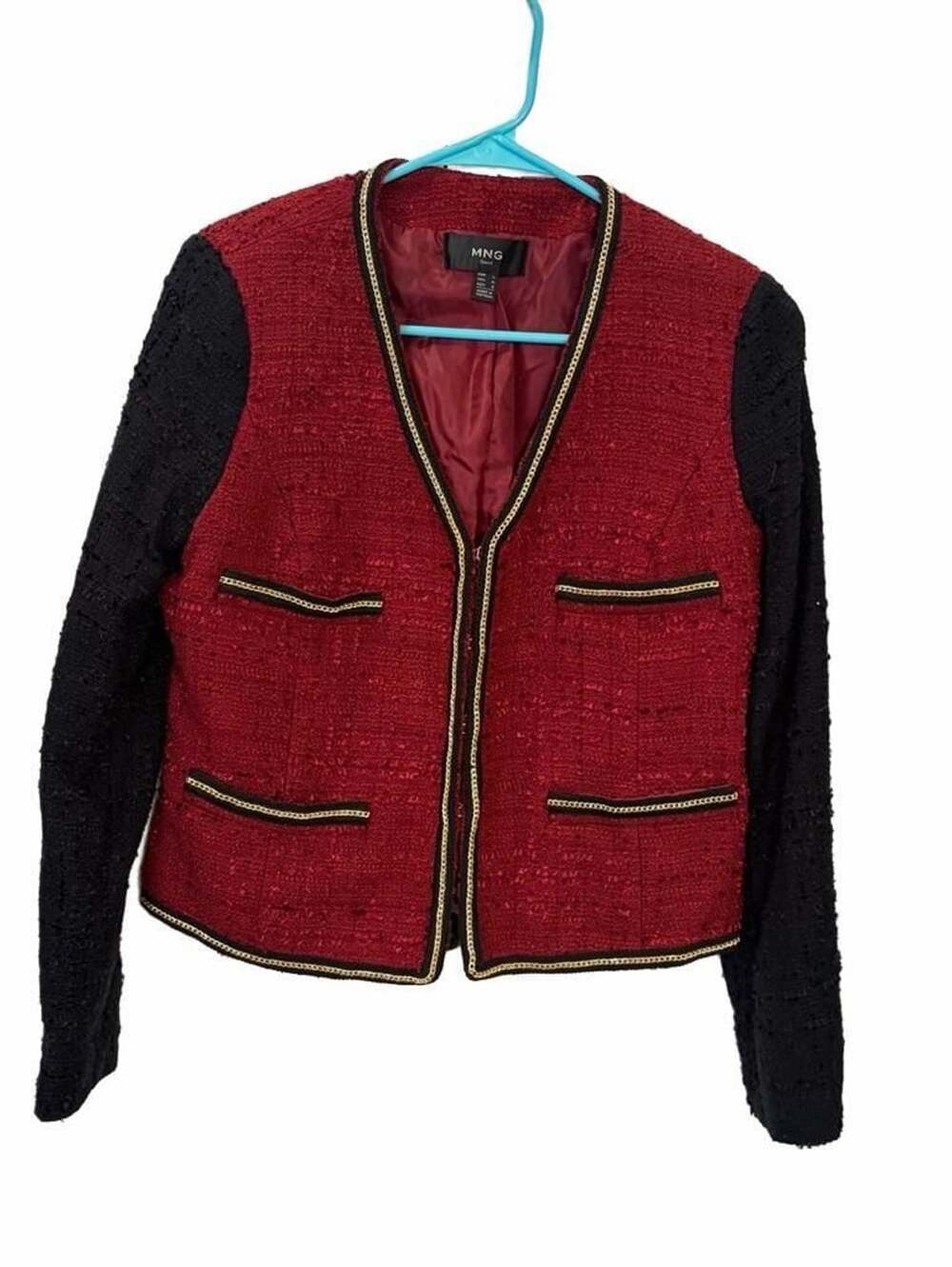 MNG Suit Tweed Jacket Size M Red Black Boucle Gold Trim Career